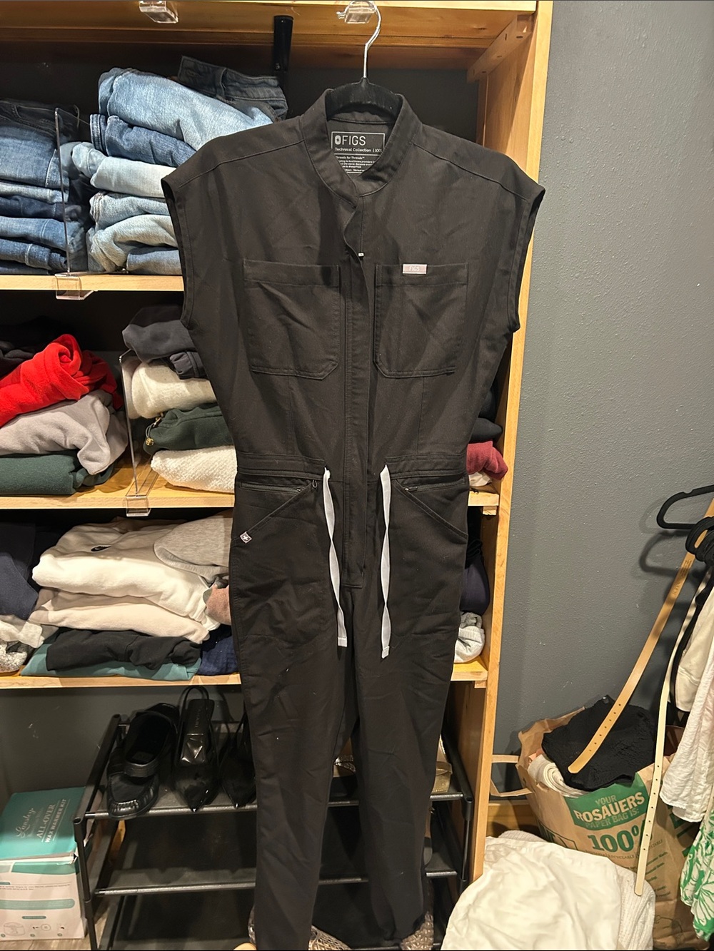 FIGS Black Utility Jumpsuit with White Drawstrings